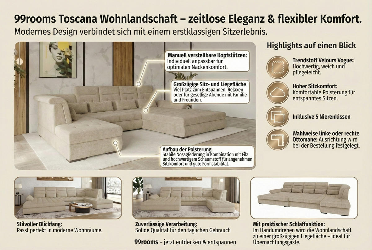 WOHNLANDSCHAFT Toscana Velours inkl. Schlaffunktion - Braun, Textil (358/87/208cm) - 99rooms