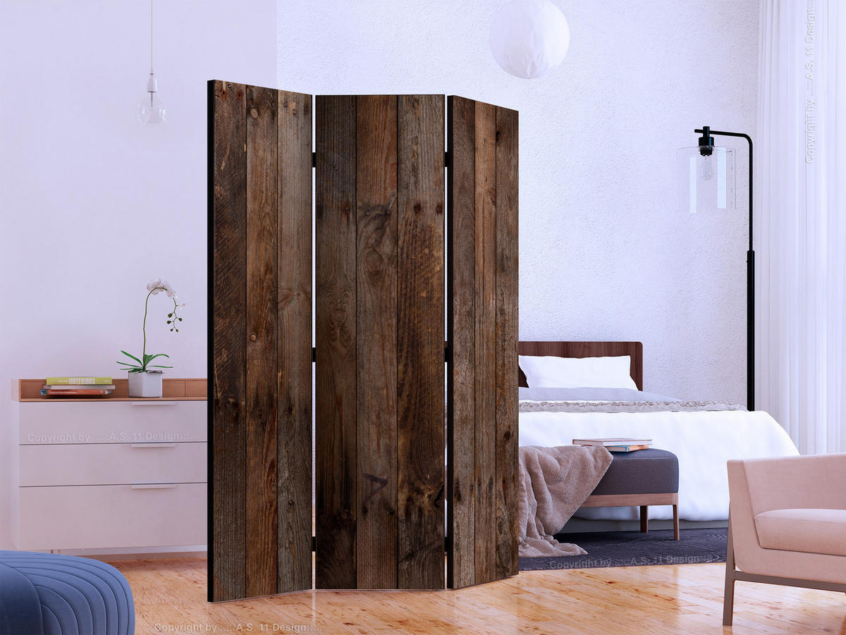 PARAVENT Beidseitig Bedruckter 3-tlg 135x172 cm Holzbrett-Optik - Braun, Holz/Textil (135/172/3cm) - Muralo