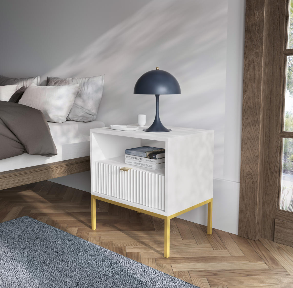 NACHTTISCH Nova - NOC, Geriffelte Front mit Goldenes Griffdesign 54x39x56 cm Weiß - Goldfarben/Weiß, Holzwerkstoff/Kunststoff (54/56/39cm) - DomoHome