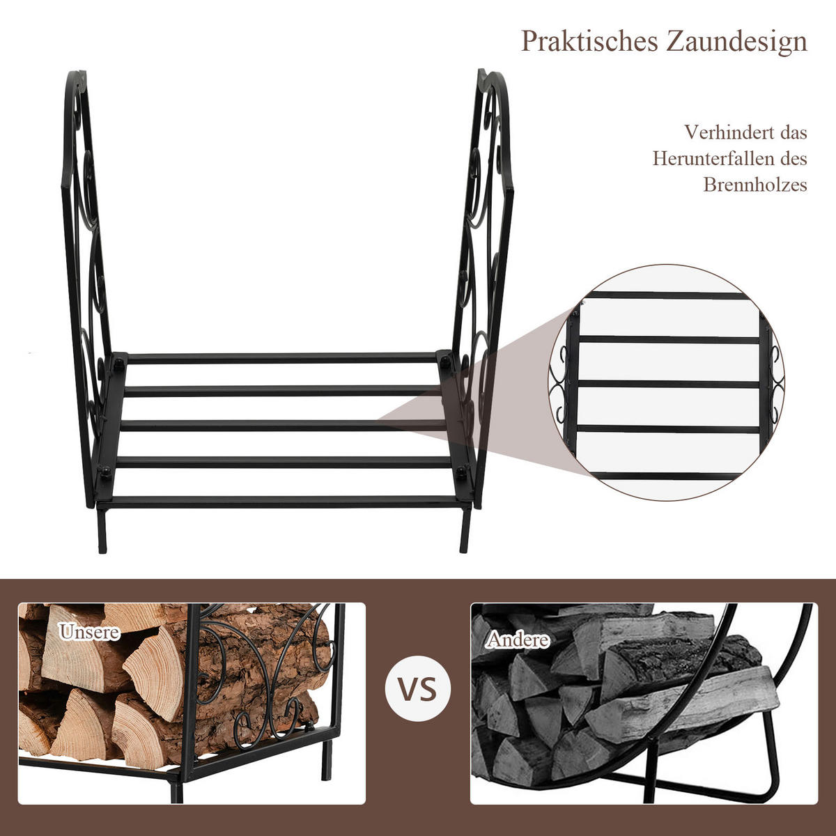 KAMINHOLZREGAL Schwarz - Schwarz, Metall (32/40/37cm) - COSTWAY