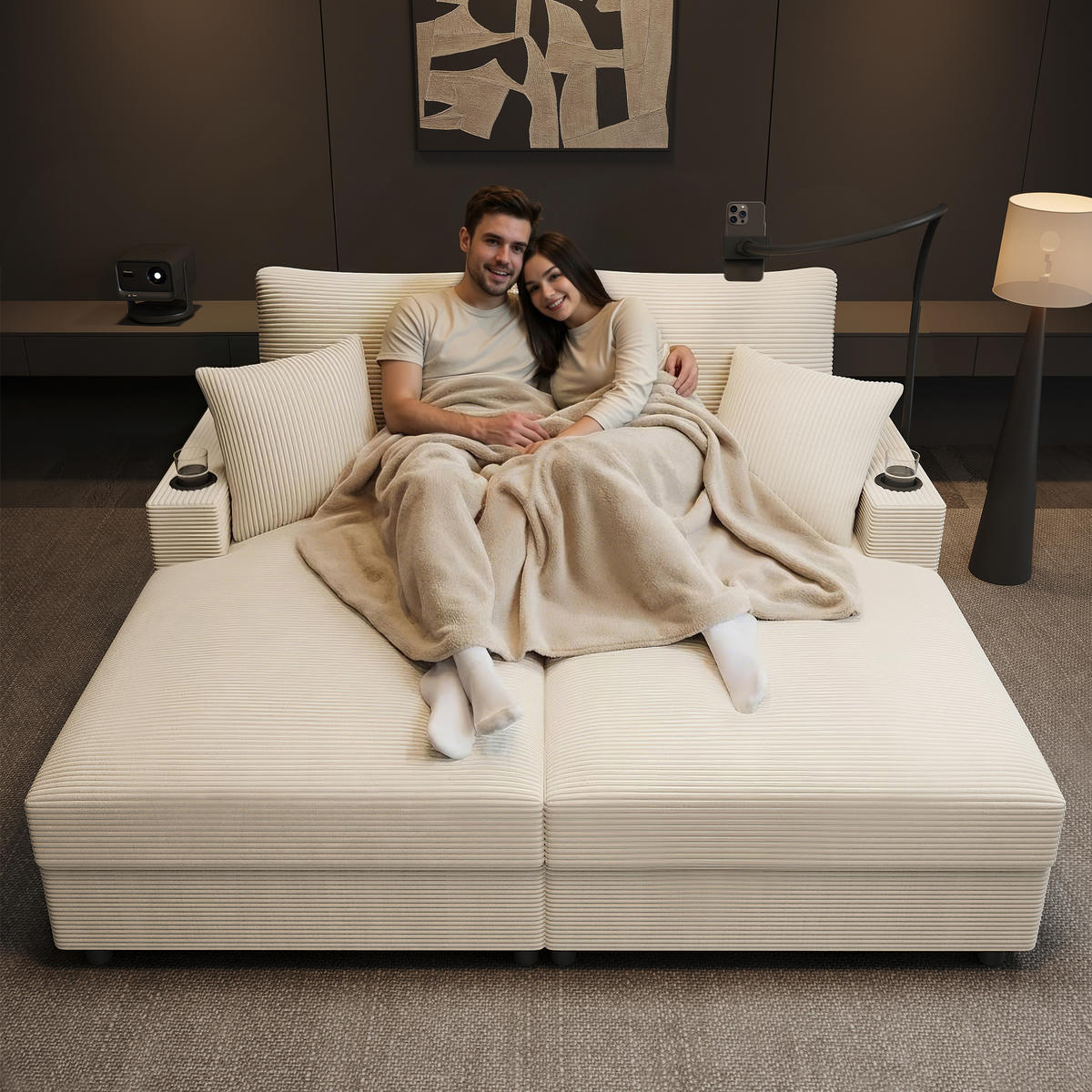 SCHLAFSOFA 2-SITZER Cord Beige mit USB, USB-C und Getränkehaltern - Beige, Holzwerkstoff/Kunststoff (163/82/140cm) - WISHDOR