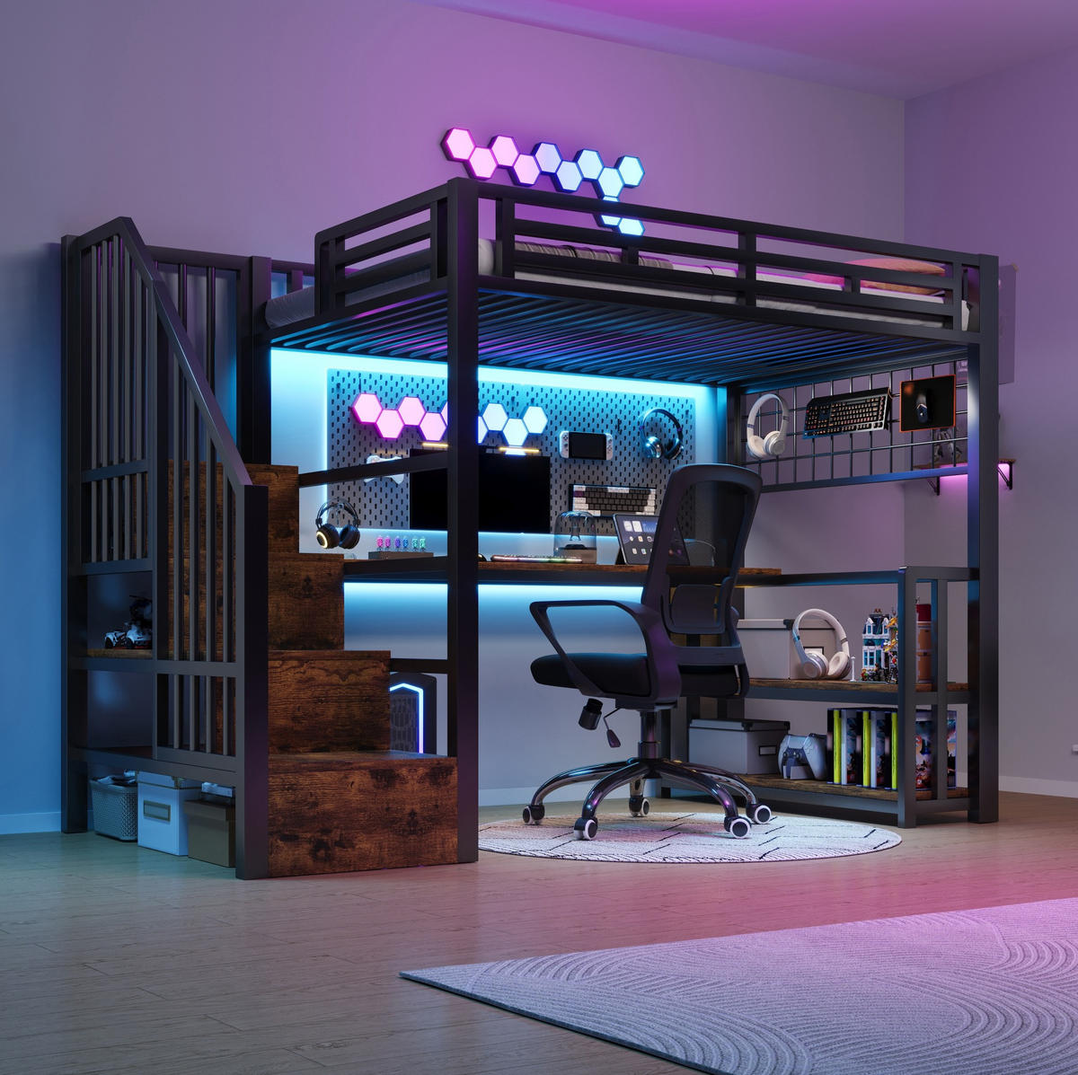 HOCHBETT 90/200 cm Schwarz aus Metall mit Schreibtisch - Schwarz, Metall (90/200cm) - OKMYHOME