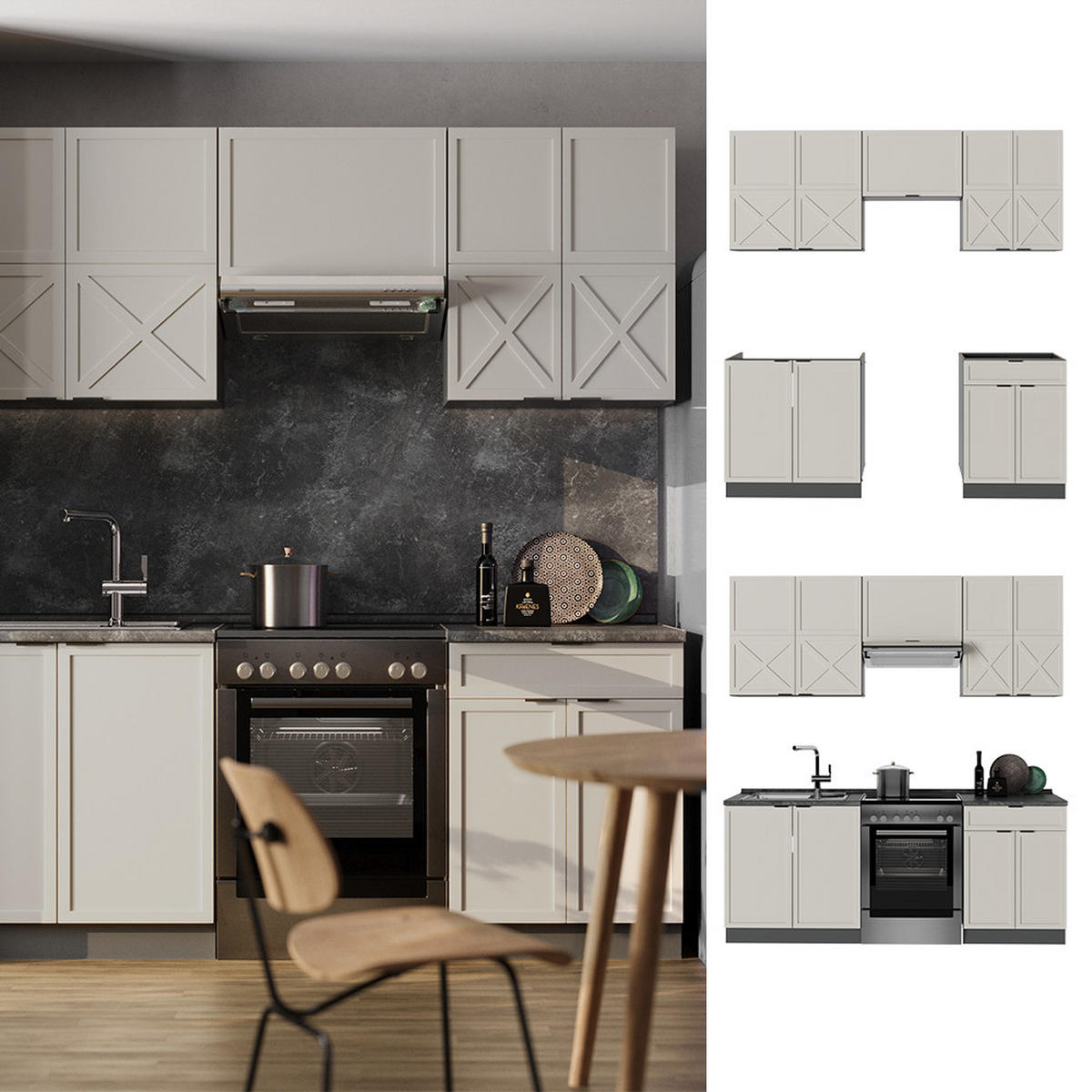 KÜCHENZEILE Fame-Line GrauBeige/Anthrazit 200 cm, AP Marmor - Anthrazit/Grau, Holzwerkstoff (200/81.6/60cm) - Vicco