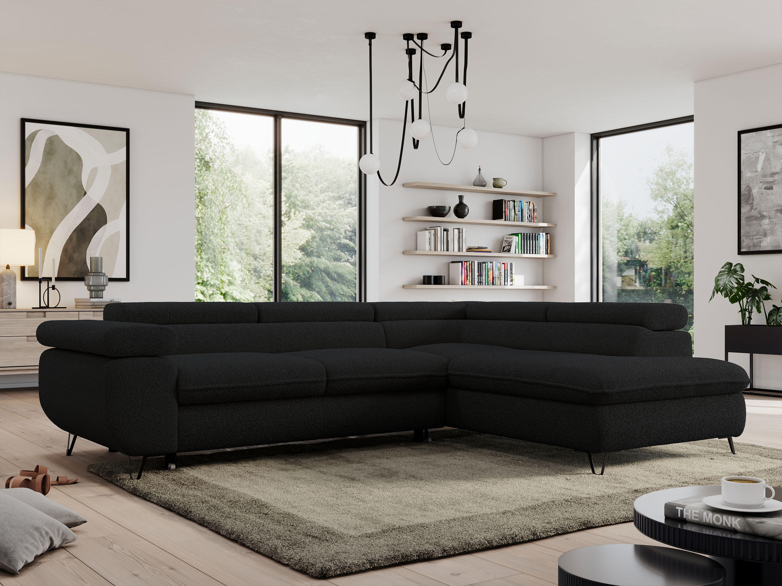 ECKSOFA PEDRO L Schwarz Boucle - Rechts Seite - Schwarz, Textil/Metall (273/208cm) - MKS
