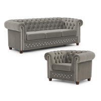 SITZGARNITUR 3+1 Chesterfield Cleo Blink Grau Samt mit Kristallsteppung und braunen Massivholzfüßen - Braun/Grau, Holz/Textil (203/72/86cm) - S-Style Möbel