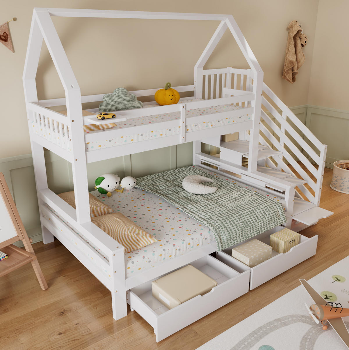 HAUSBETT 90/200 cm & 140/200 cm Weiß mit Treppenschrank und Schubladen - Weiß, Holzwerkstoff (90/200cm) - Flora Grace