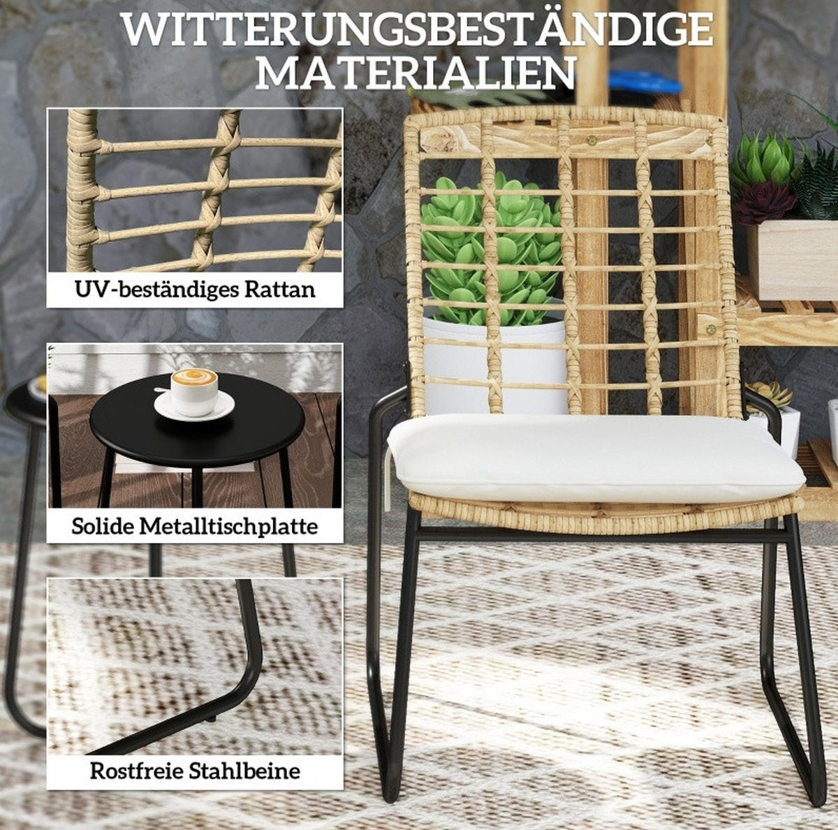 GARTENMÖBEL-SET 56/67/78 cm beige aus Rattan mit stapelbaren Stühlen - Beige, Naturmaterialen - OKWISH
