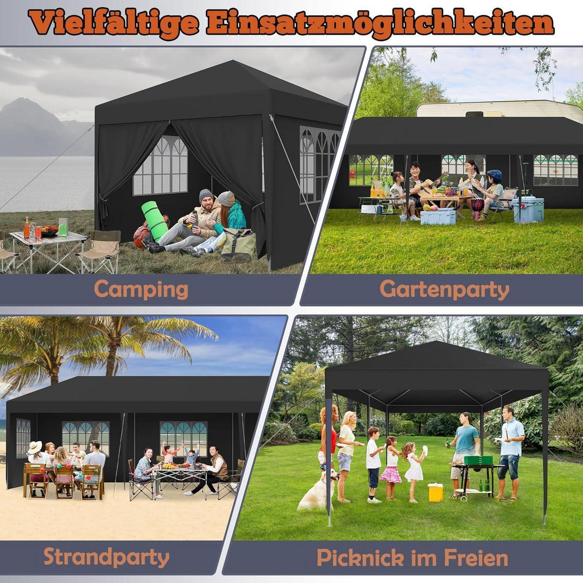 GARTENPAVILLON 3x3m Anthrazit Wasserdicht UV-Schutz mit Seitenteilen und Fenstern - Schwarz, Kunststoff (300/250/300cm)