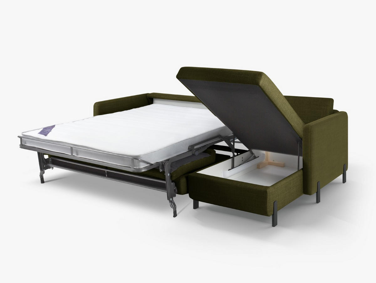 ECKSOFA ausklappbar rechts mit Container Gloria aus strukturiertem Stoff grün 4 Sitzplätze - Grün, Textil (170/260cm) - Micadoni