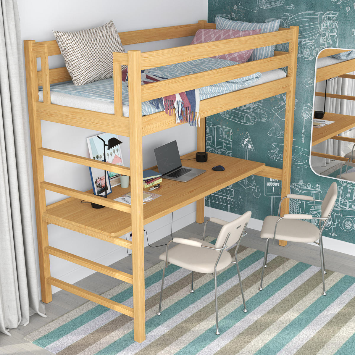 HOCHBETT N01 mit Schreibtisch Naturkiefer 90/180 - Hellbraun, Naturmaterialien/Holz (90/180cm) - N-Wood