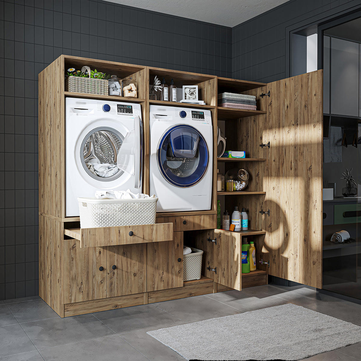 WASCHMASCHINENSCHRANK Serie 1 194cm Breit, 184cm Hoch - Eichefarben, Holzwerkstoff (194/184/67cm)