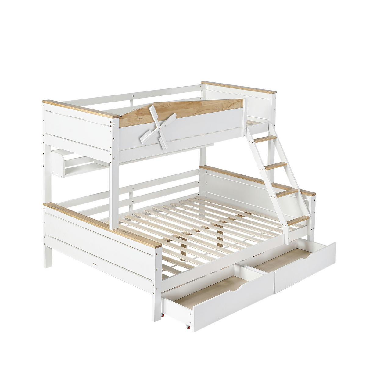ETAGENBETT 90/200 cm & 140/200 cm mit Regalen, Schubladen und Windmühlen-Design, Weiß/Natur - Weiß, Holzwerkstoff (90/200cm) - Redom