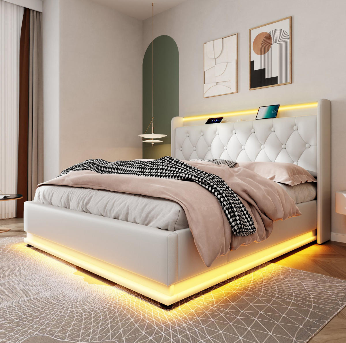 POLSTERBETT mit LED, Stauraum & Matratze 140x200 cm PU Weiß - Weiß, Metall (140/200cm) - Meubliv