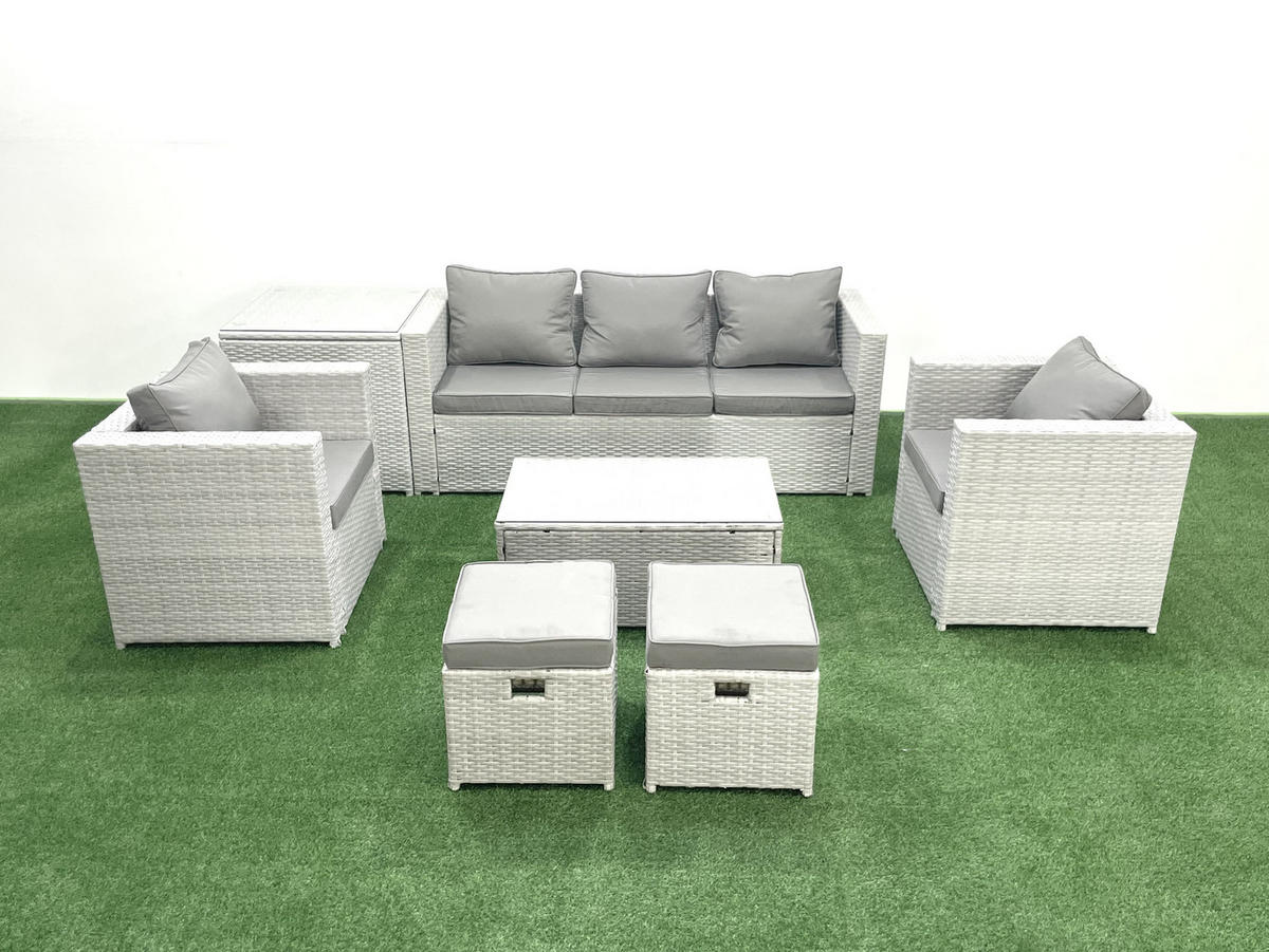 GARTENMÖBELSET mit 3-SITZER SOFA,COUCHTISCH Polyrattan Hellgrau-Mix 7-Sitzer - Hellgrau/Grau, Glas/Kunststoff - Fimous