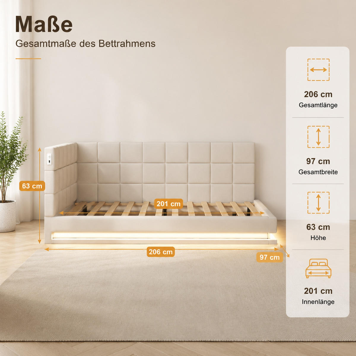 DETSKÁ Posteľ 90/200 cm z ľanu béžová s LED osvetlením, USB a roštom - béžová, textil (90/200cm) - Modenvie