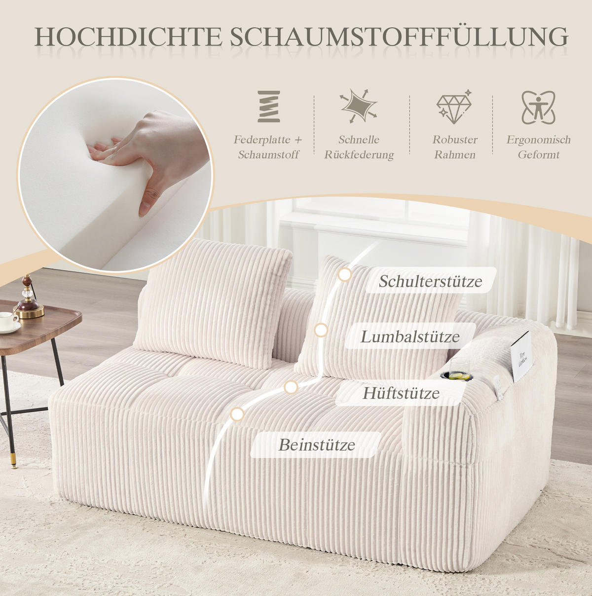 SOFA 2-Sitzer kompakt 158 x 93 x 61 cm Cord Beige - Beige, Kunststoff (158/61/93cm) - Meubliv