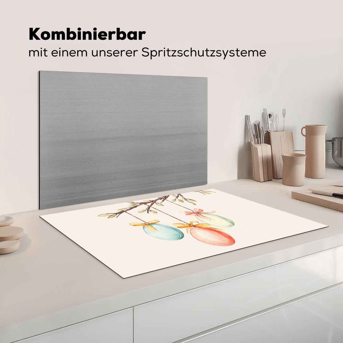 HERDABDECKPLATTE Osterkuchen - Schleife - Eier Ceranfeldabdeckung 80x52 cm - Creme, Kunststoff (80/52/0.2cm) - MuchoWow
