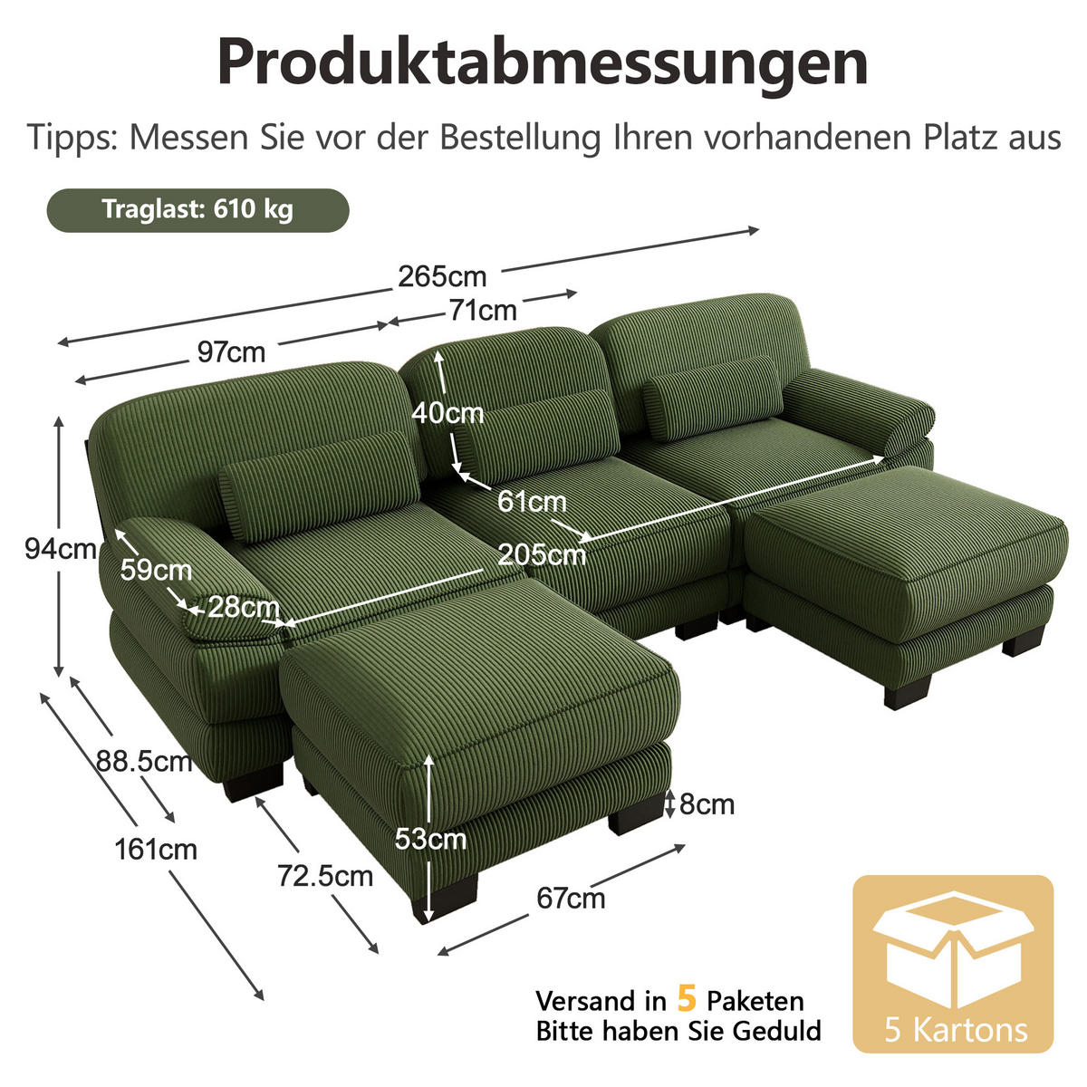 WOHNLANDSCHAFT 3-Sitzer U-Form mit 2 Hockern, DE-42659, Grün - Grün, Holz (265/94/161cm) - ComfortXL