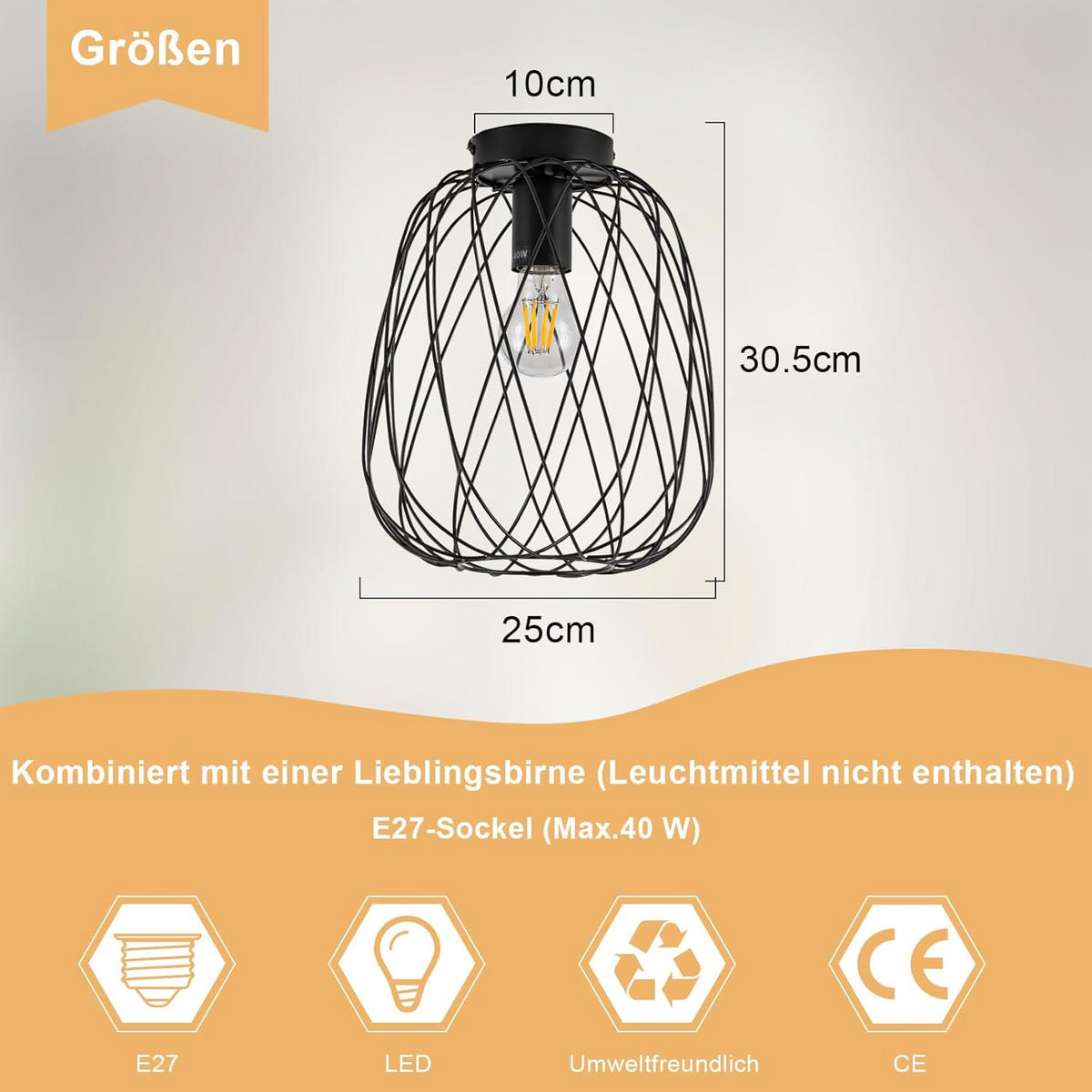 DECKENLEUCHTE Scheinorh 25/30.5/25 cm - Schwarz, Metall (25/25/30.5cm) - ZMH