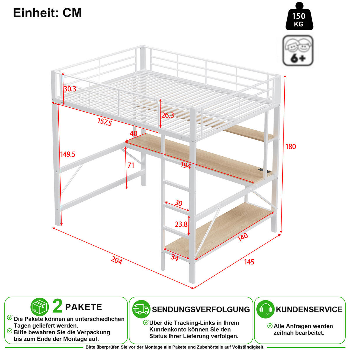 HOCHBETT 140/200 cm in Weiß mit Schreibtisch, Regal, LED, USB und Steckdose - Weiß, Holzwerkstoff/Metall (140/200cm) - CHICFURN