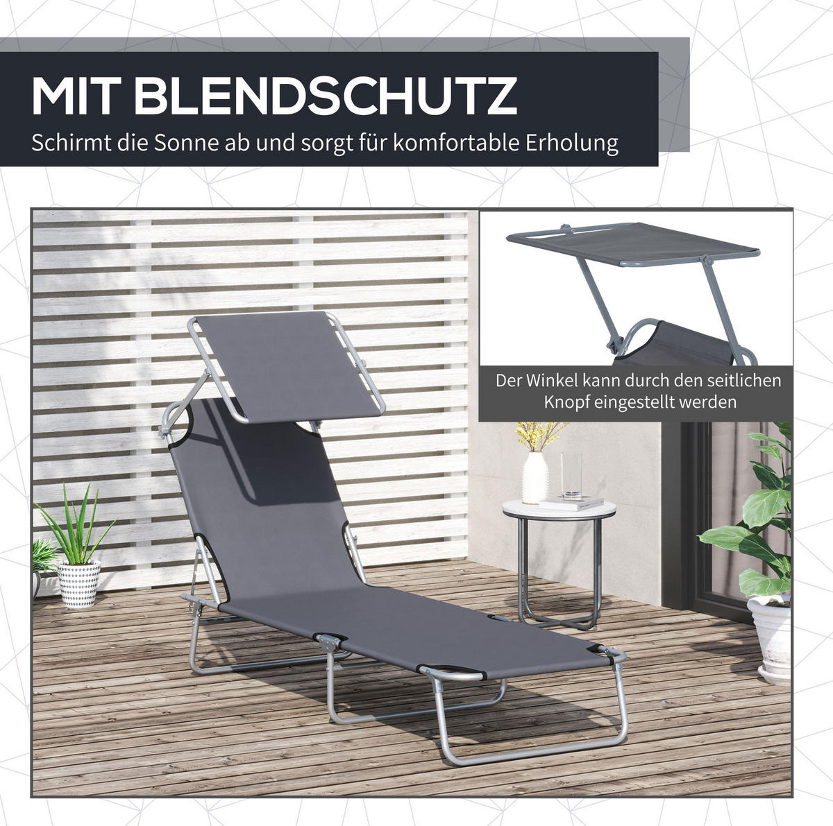 SONNENLIEGE aus Metall 187x58x36 cm in Grau mit verstellbarem Sonnendach - Grau, Metall (58/36/187cm) - Modfu