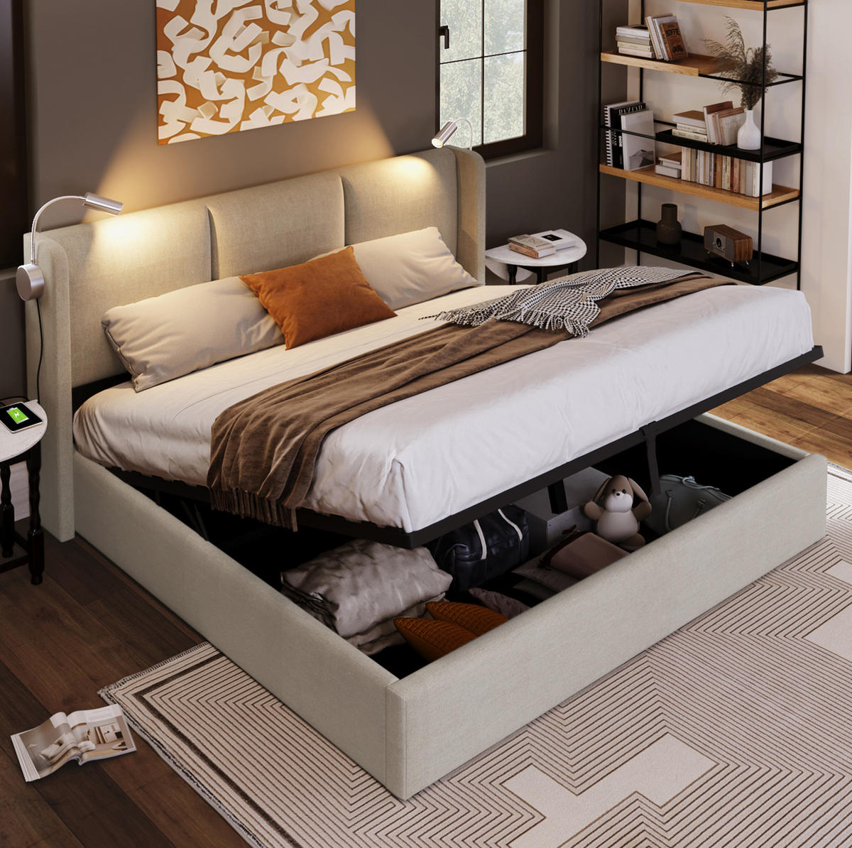 BETT mit Bettkasten 140x200 cm Leinen Beige mit Leselicht und USB - Beige, Metall (140/200cm) - Meubliv