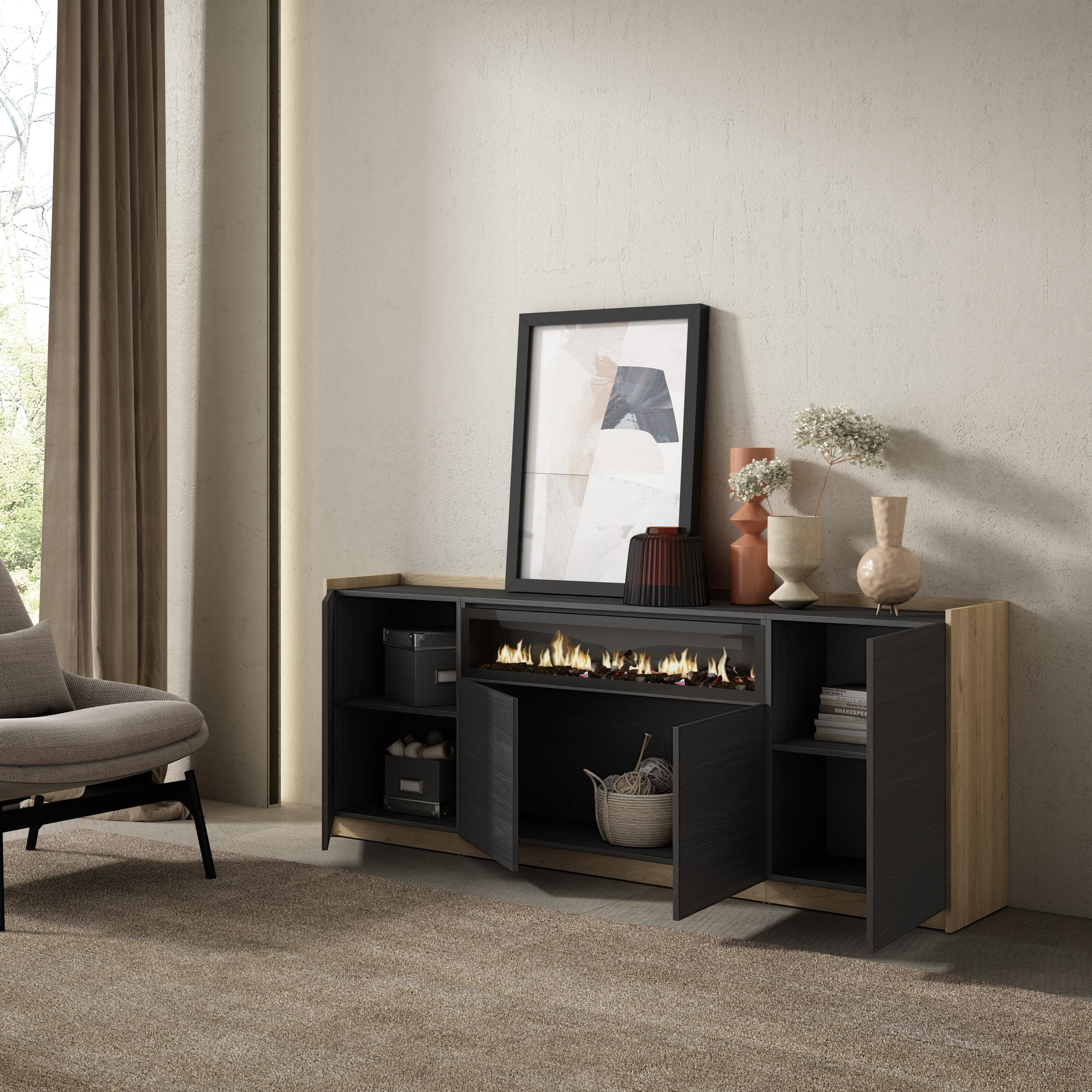 SIDEBOARD, Highboard, Schwarz Eiche, Elektrokamin, 207/37/80cm - Schwarz, Holzwerkstoff (207/80/37cm) - Skraut Home