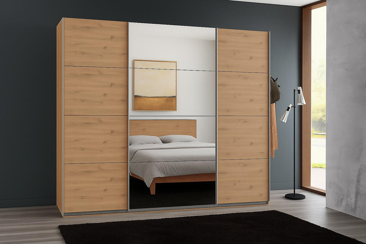 SCHWEBETÜRENSCHRANK 3-türig in Eiche Artisan Dekor, eine Tür mit Spiegel, B225/H208/T64 cm / 22520 - Edelstahlfarben/Eichefarben, Holzwerkstoff/Metall (225/208/64cm) - luma-home