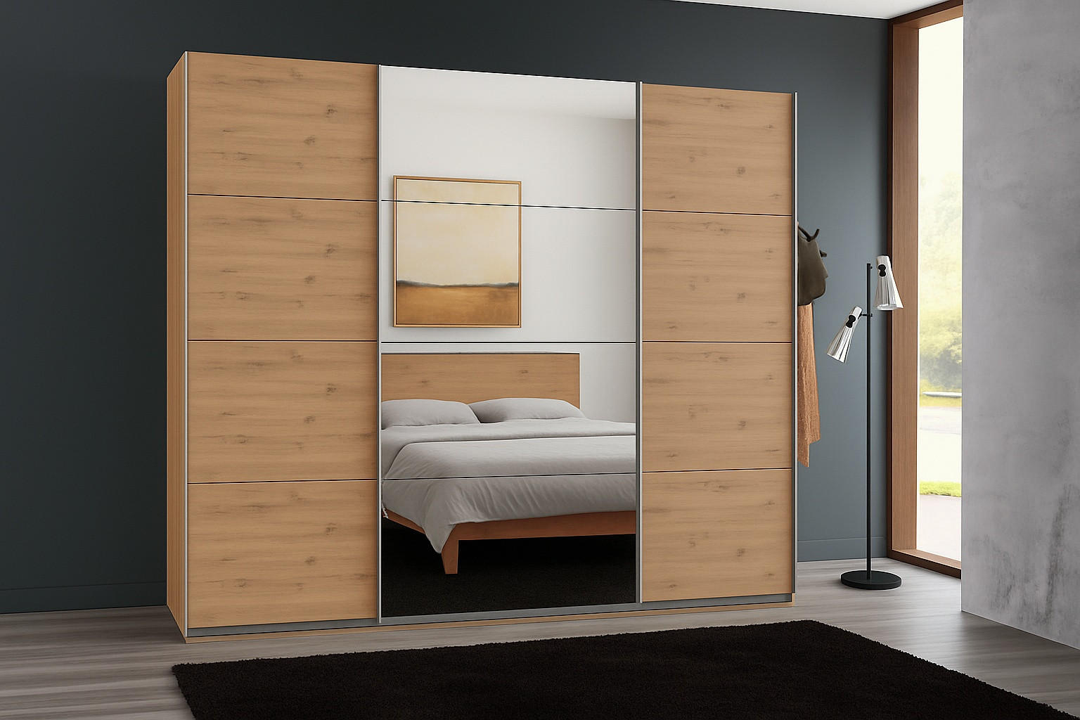 Thumbnail - luma-home Schwebetürenschrank, Eiche, Holzwerkstoff, Nachbildung, 4 Fächer, einzeln stellbar,Rechteckig, 225x208x64 cm, ...