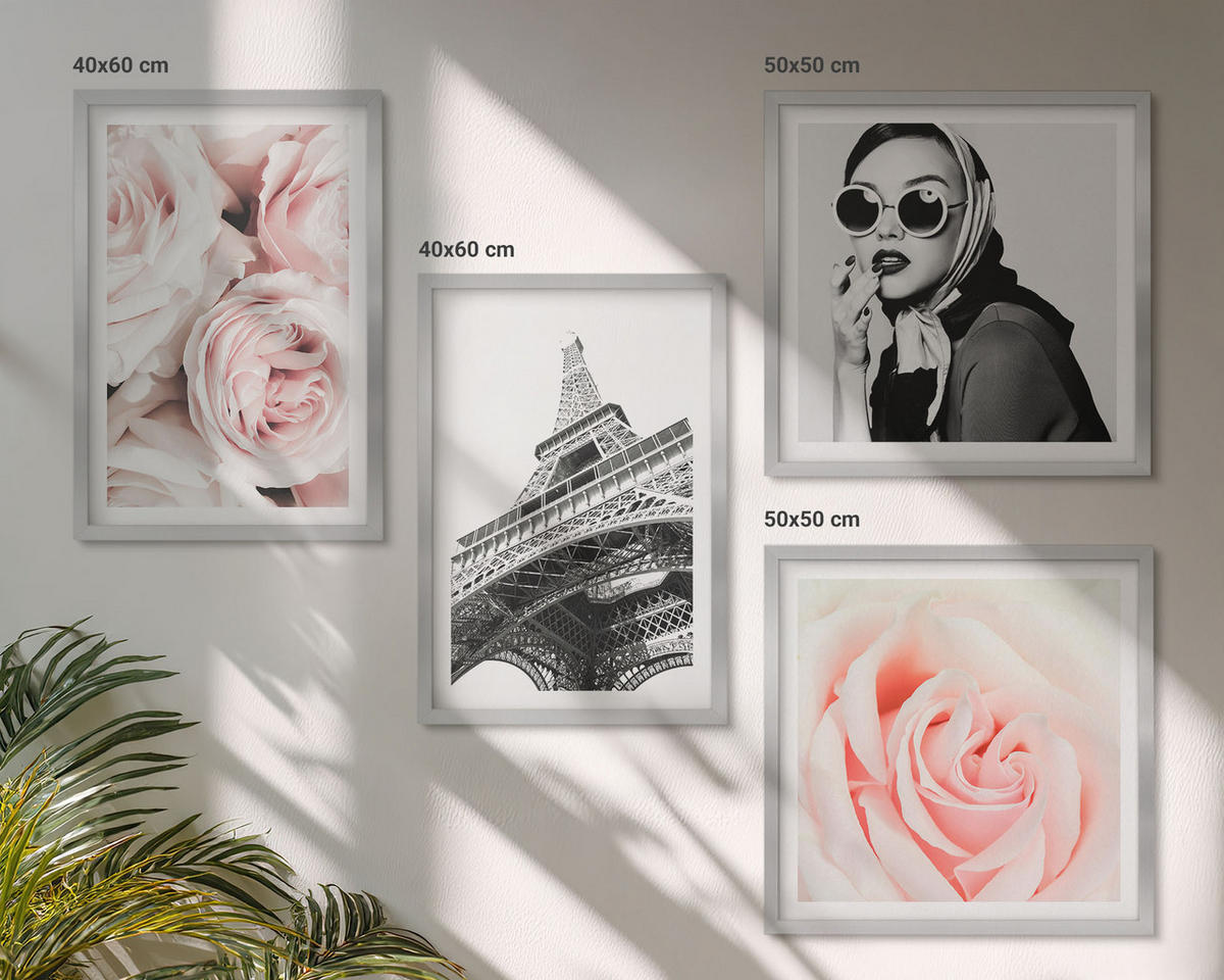 WANDBILDER 4er Set - 50x50 cm & 40x60 cm Silberner Rahmen - Eiffels Porträt einer Frau mit Rosen - Silberfarben, Kunststoff (50/50cm) - ArtPrintCave