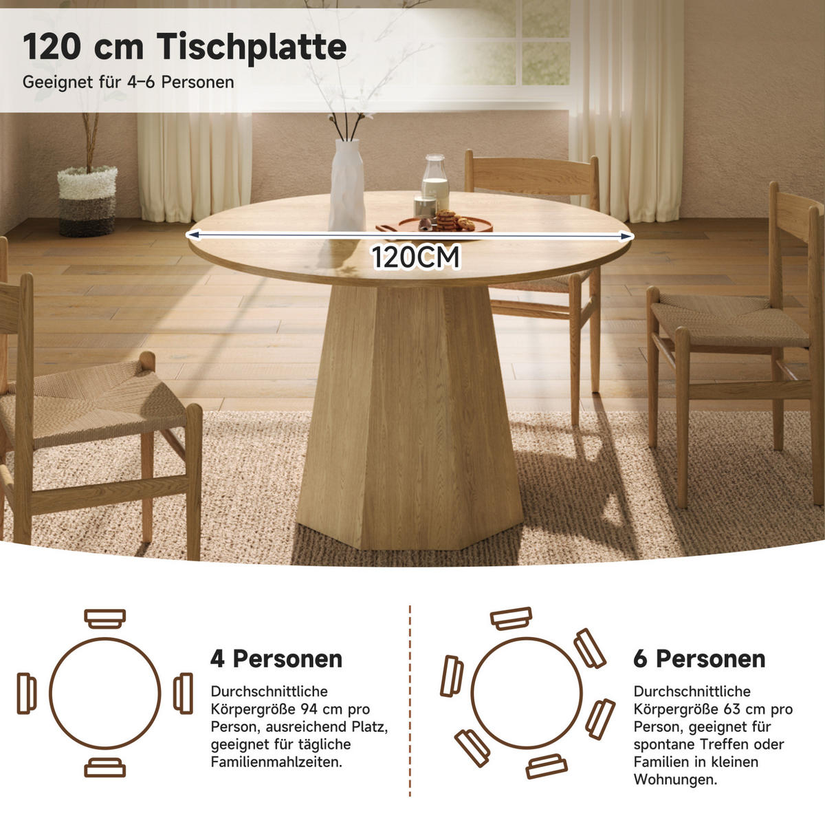 RUNDER Esstisch aus MDF, Ø 120/75 cm, Eichenoptik - Eichefarben, Holzwerkstoff (120/120/75cm) - Redom