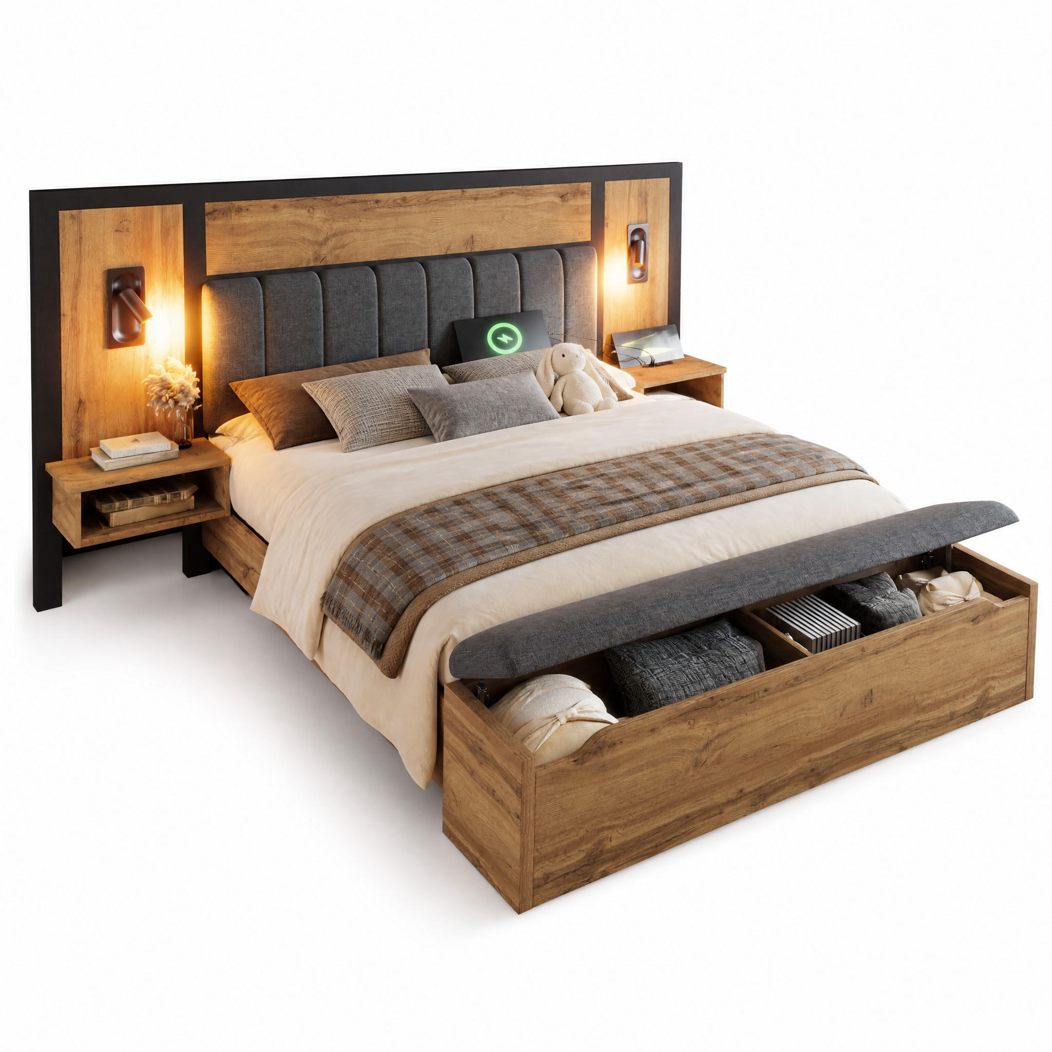 BETTANLAGE 180/200 cm in Eiche mit Leselampen, USB, Type-C, Nachttischen und Sitzbank Metall, Holz & Leinen Design - Eichefarben/Grau, Holzwerkstoff/Textil (180/200cm) - STILVORA