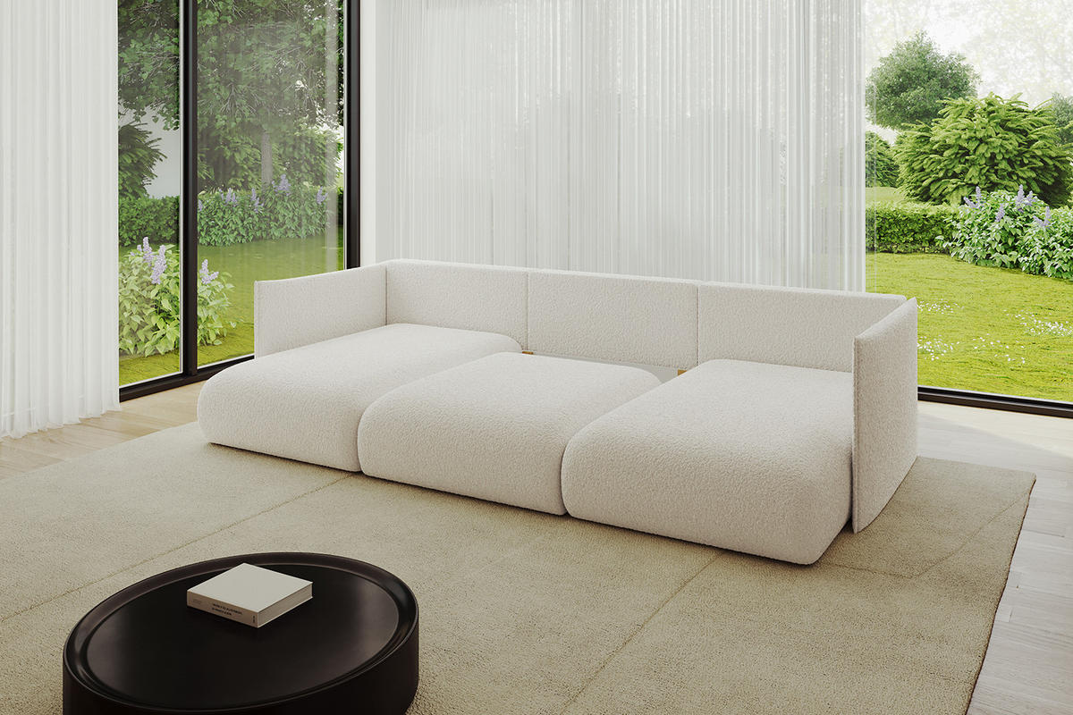 WOHNLANDSCHAFT mit Schlaffunktion und Bettkasten ONESK-U 304x165x40 Weiß Bouclé - Weiß, Holzwerkstoff/Kunststoff (304/90/165cm) - ALTDECOR