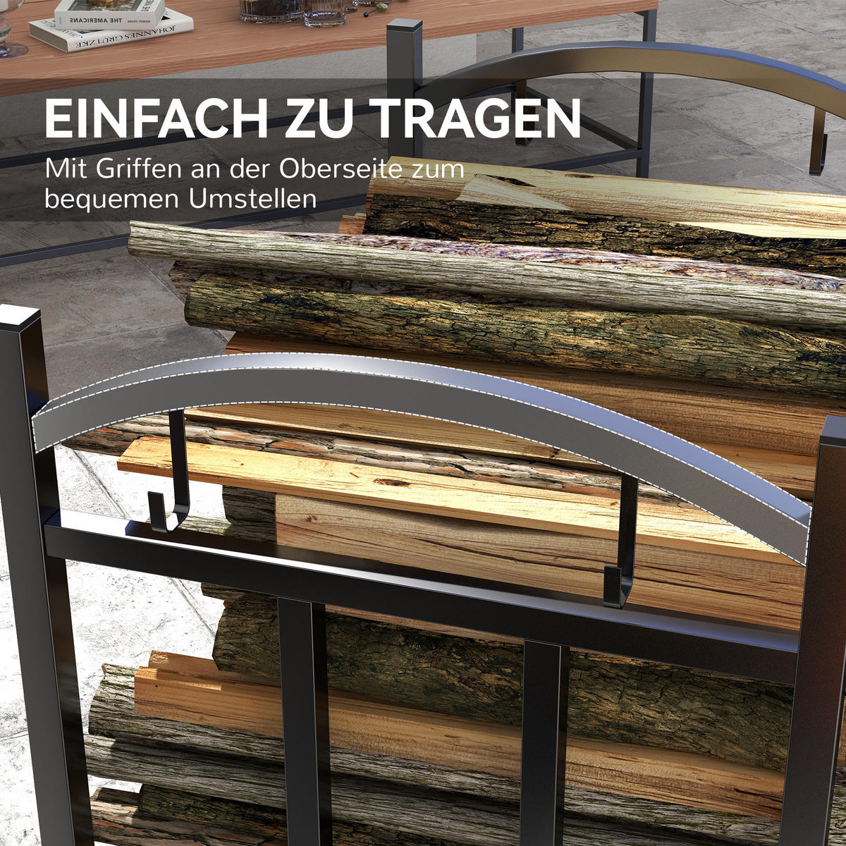 KAMINHOLZREGAL für innen 46 x 32 x 126 cm 3 Ebenen Brennholzregal mit 4 Haken - Schwarz, Metall (32/126/46cm) - Outsunny