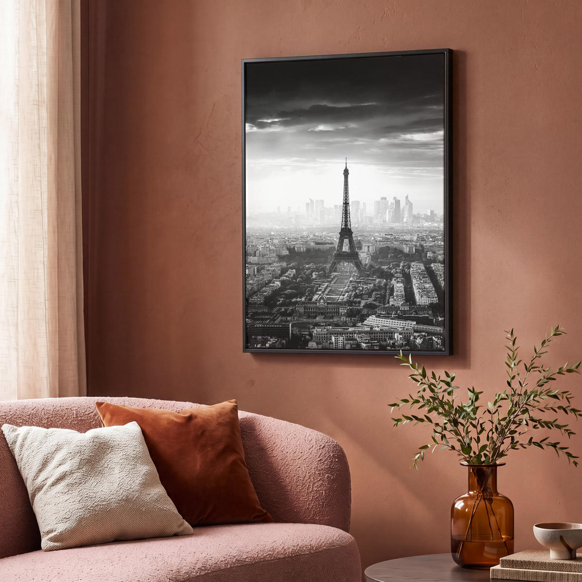 LEINWAND Bilder mit Rahmen - Paris - Skyline - Eiffelturm - Stadt - Wolken - 70x100 - Dunkelgrau, Textil (70/100cm) - MuchoWow