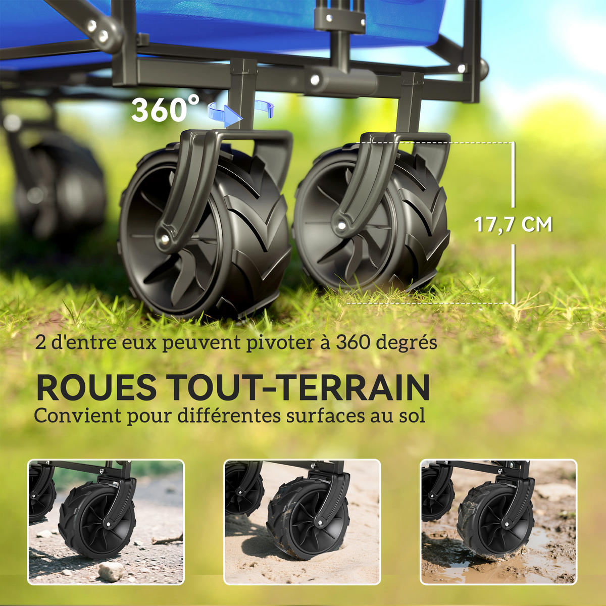GARTENWAGEN DE-18763 klappbar mit Dach & All-Terrain-Rollen Blau - Blau, Metall (55/98/117cm) - ComfortXL