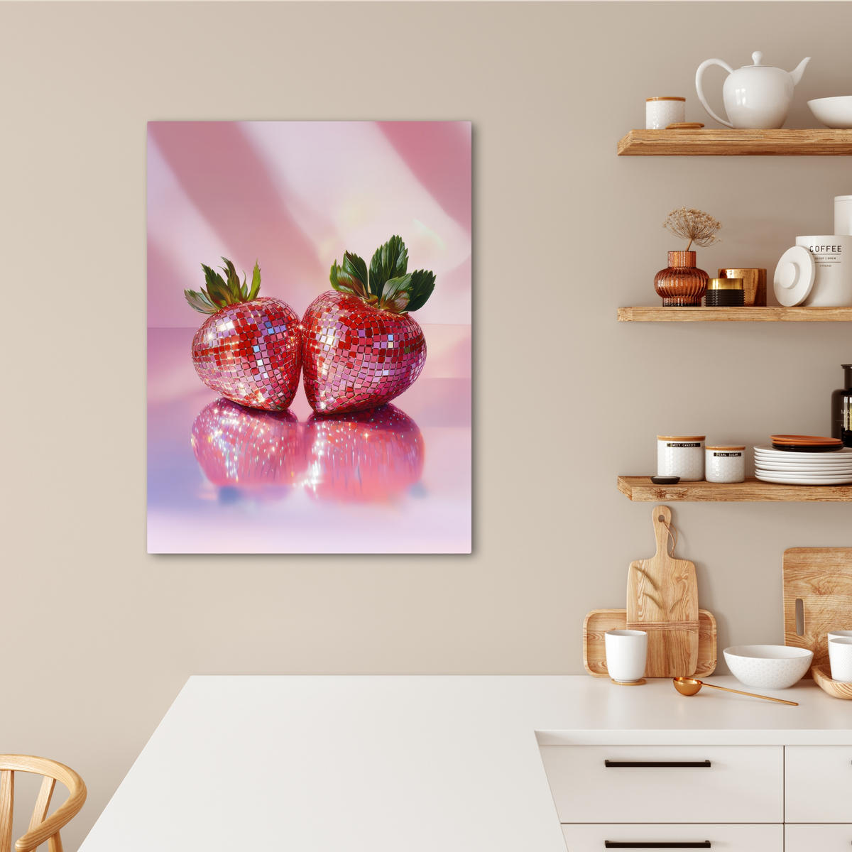 LEINWANDBILD Disco - Obst - Glitzer - Erdbeere 60x80 cm - Pink, Textil (60/80cm) - MuchoWow