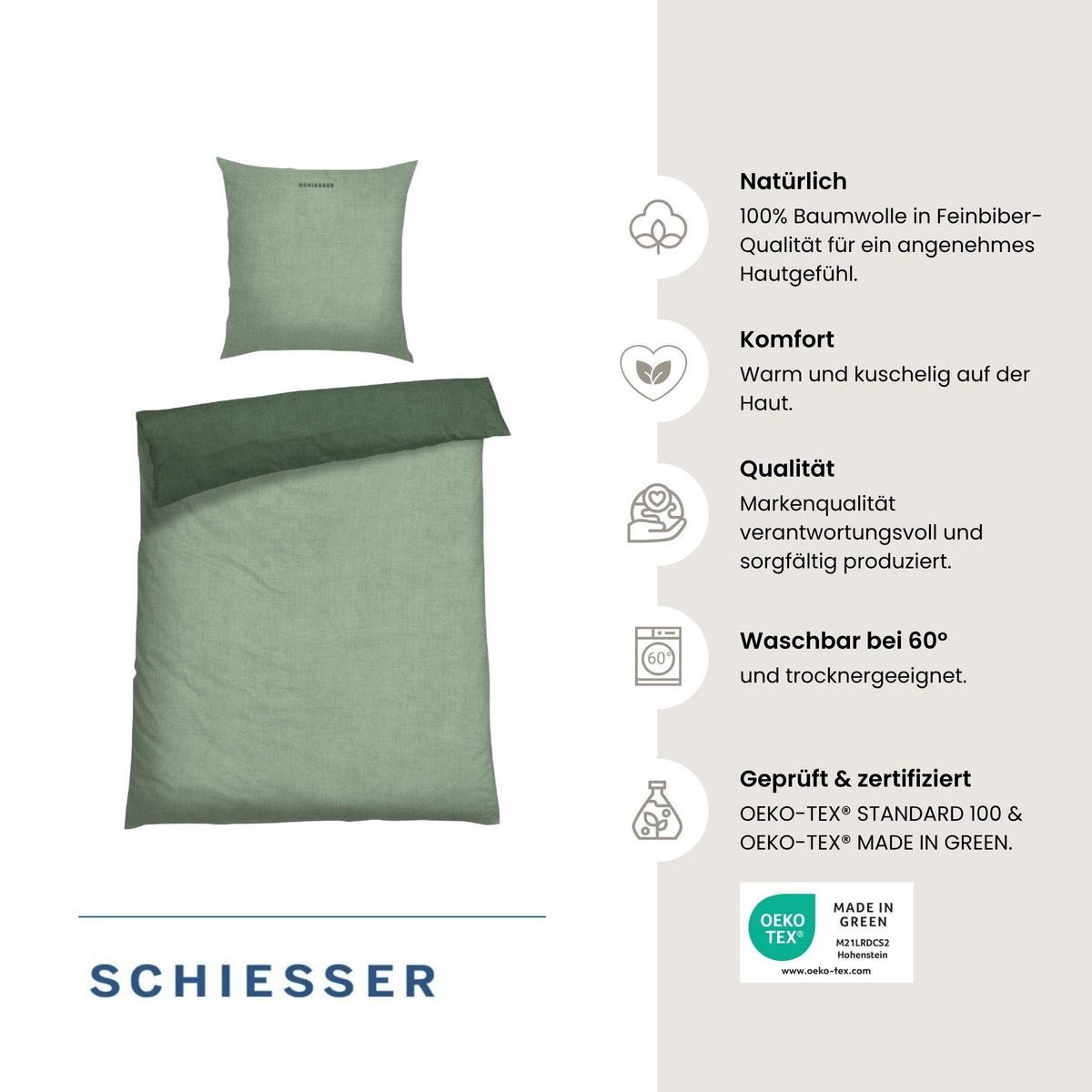 BETTWÄSCHESET Doubleface - Feinbiber - 2-teilig - 135 x 200 cm - Grün - Grün, Textil (155/220cm) - SCHIESSER