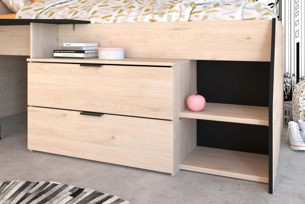 HOCHBETT Milky 2 in Schwarz- Jackson Eiche 90 x 200 cm mit Lattenrost und Matratze - Eichefarben/Schwarz, Holz (90/200cm) - Parisot Meuble