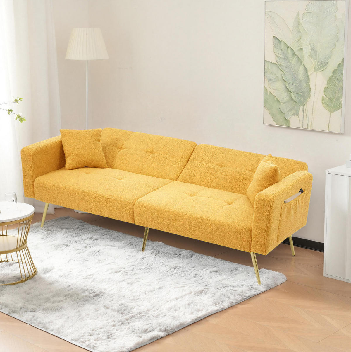 SCHLAFSOFA aus Sherpa 175x64x72 cm in Gelb mit Schlaffunktion & Seitentaschen - Gelb, Textil (175/72/64cm) - Modfu