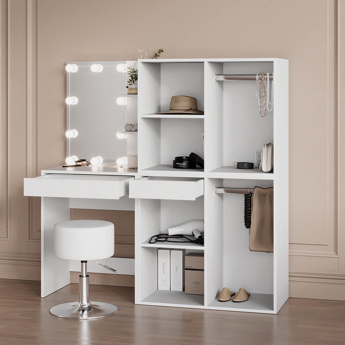 SCHMINKTISCH Nola Weiß 140 cm mit LED Beleuchtung und Schränken - Weiß, Holzwerkstoff (140/140/40cm) - Livinity®