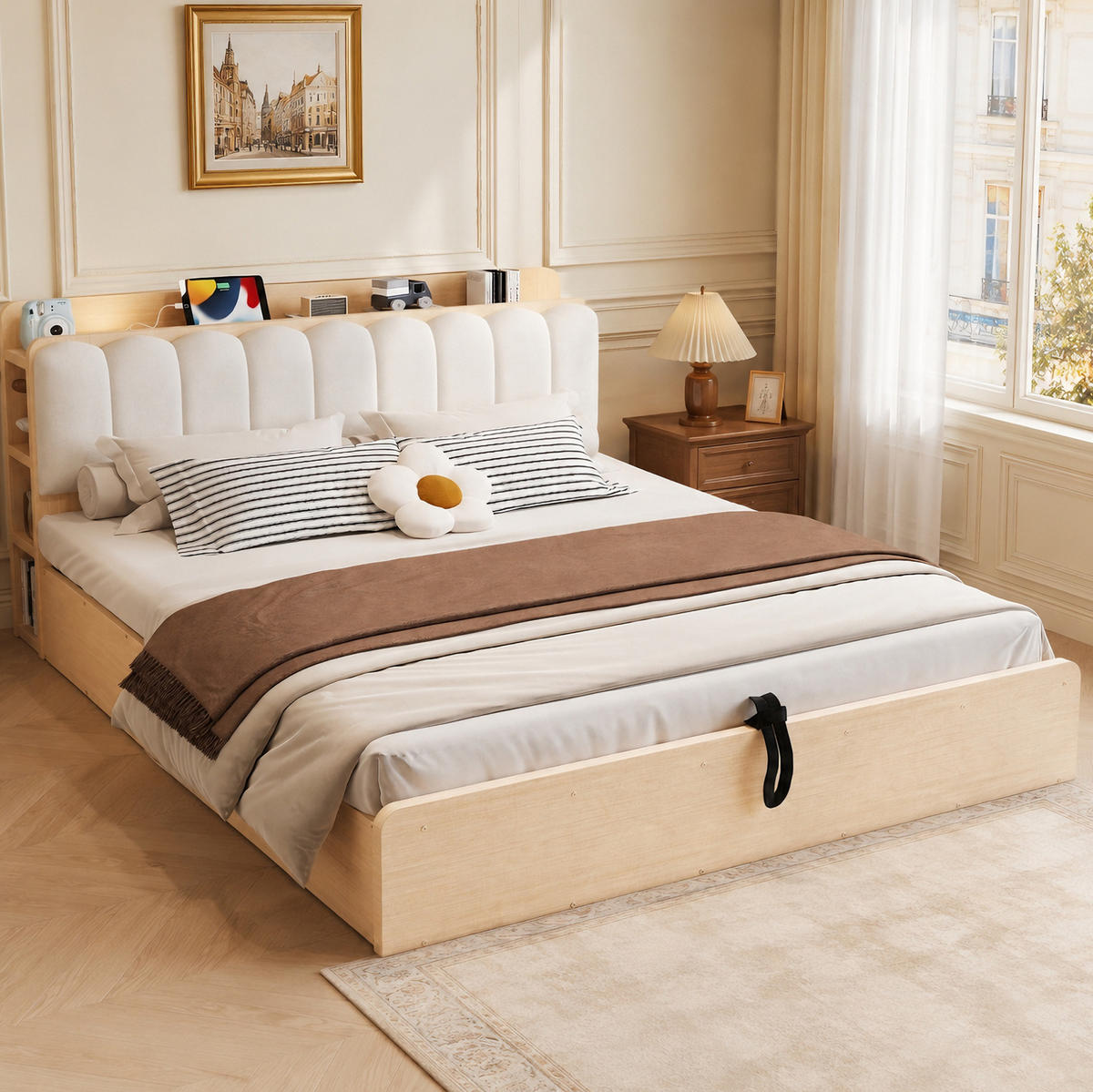 BETT 180/200 cm aus Holz mit Stauraum und USB-Anschluss, Naturholz - Naturfarben, Holz (180/200cm) - OKMYHOME