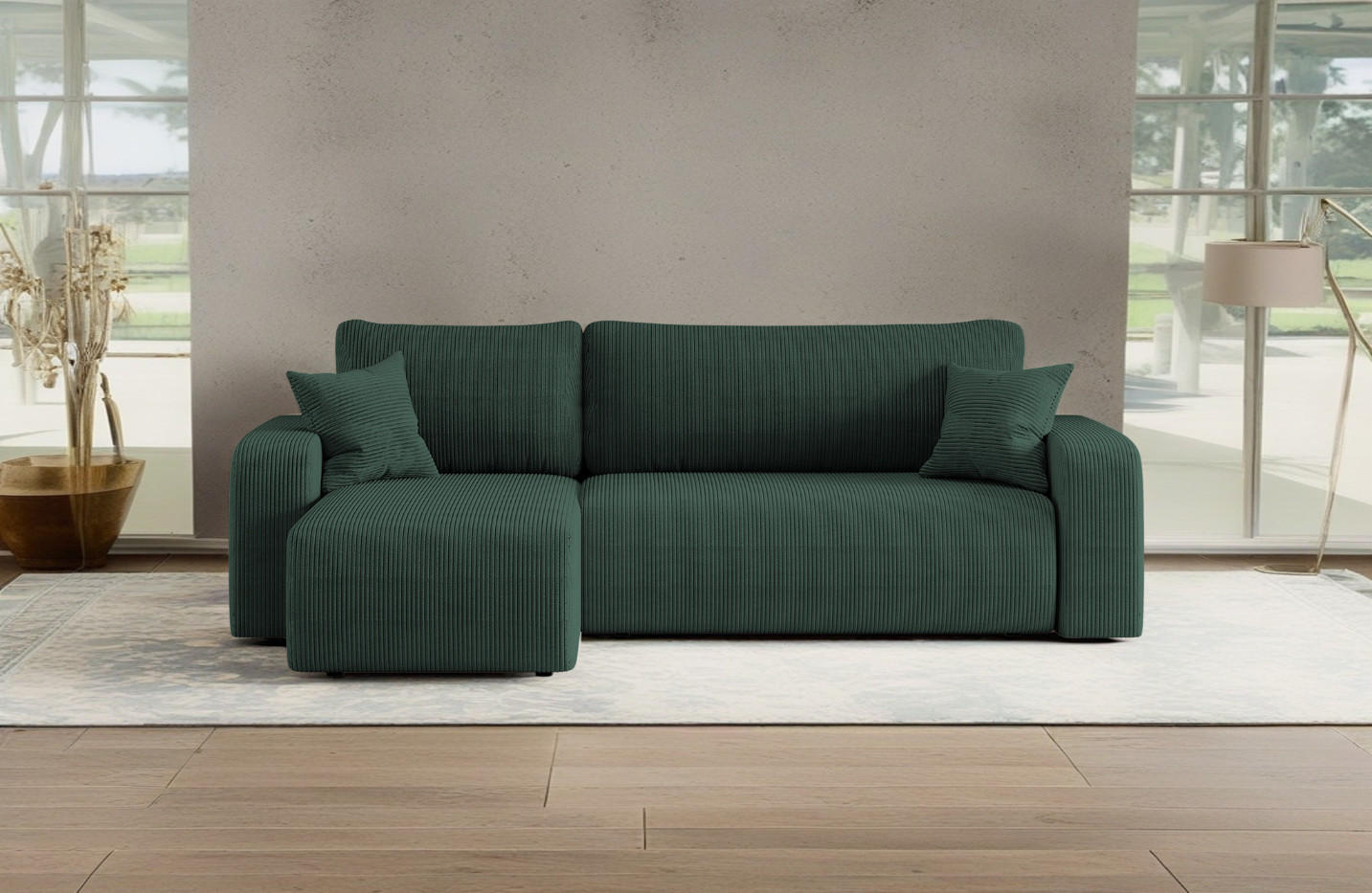 ECKSOFA L-FORM Schlaffunktion Und Bettkasten Eckcouch MILANO L Stoff Dicker Cord Grün Links - Grün, Holz/Textil (142/244cm) - Kaiser Möbel