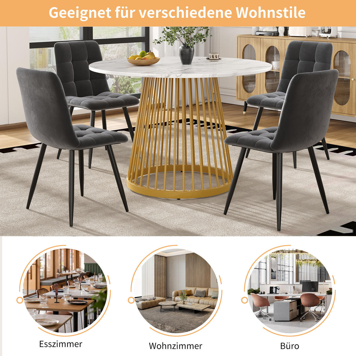 ESSTISCH 80/80/76 cm Weiß Gold runder Tisch mit Metallbeinen und marmorierter MDF-Platte - Goldfarben, Holzwerkstoff (80/80/76cm) - OKWISH