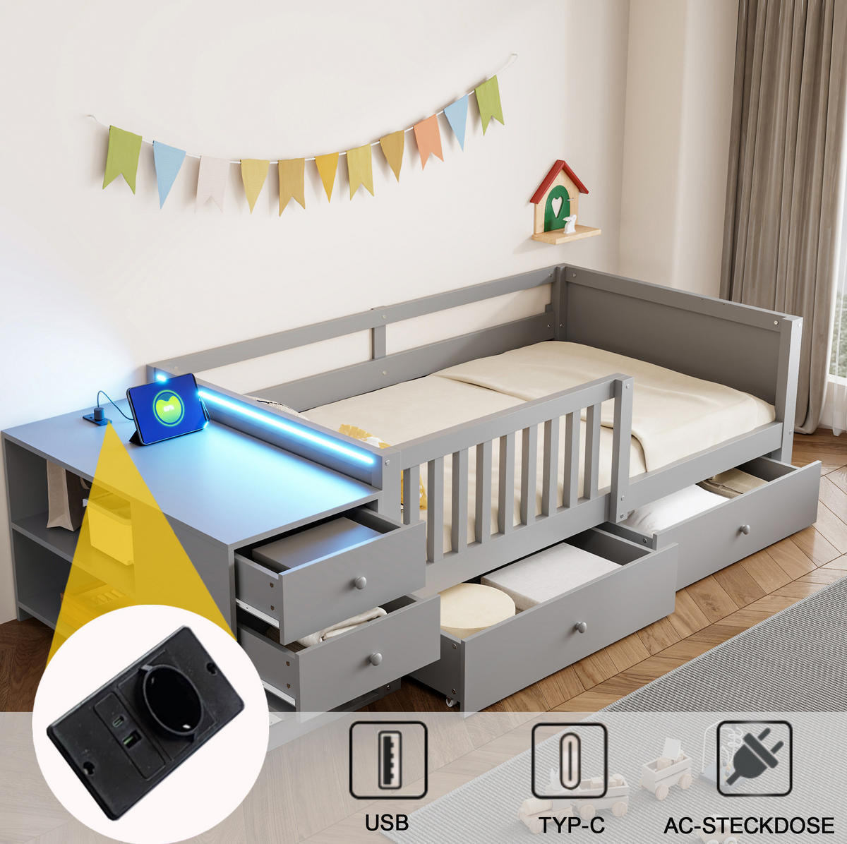 HOCHBETT 90x200 cm in Grau mit Schubladen, LED-Beleuchtung und Steckdose - Grau, Holz (90/200cm) - IVMEU