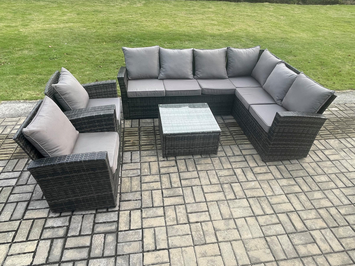LOUNGEGARNITUR mit Couchtisch Sofa Polyrattan Dunkelgrau 8-Sitzer - Dunkelgrau/Grau, Glas/Kunststoff - Fimous