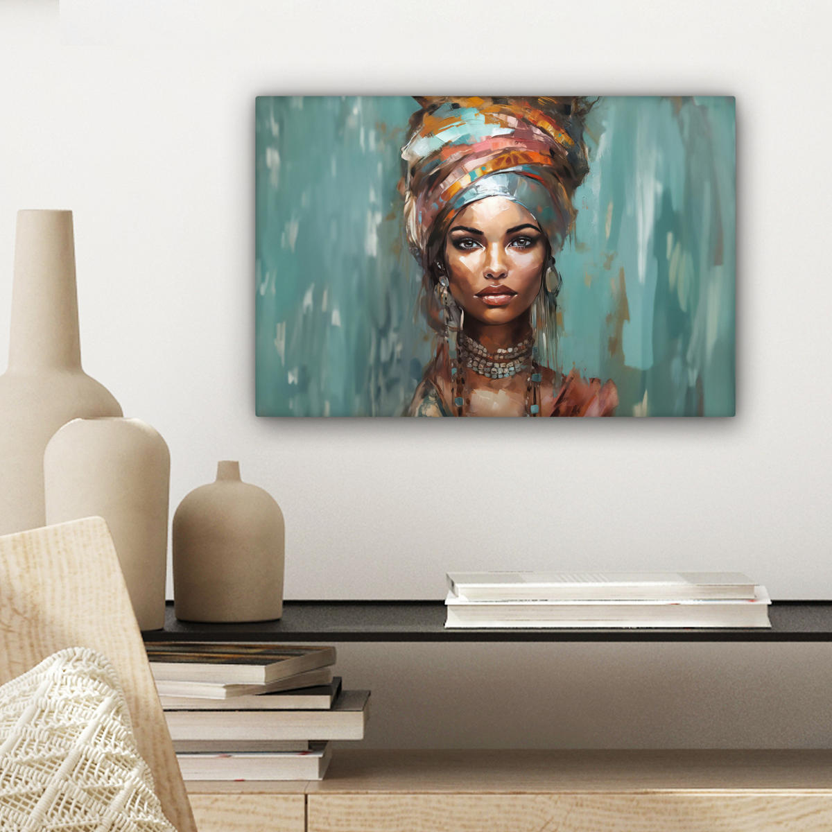LEINWANDBILD Frau - Kunst - Schmuck - Porträt 30x20 cm - Blaugrau, Textil (30/20cm) - MuchoWow