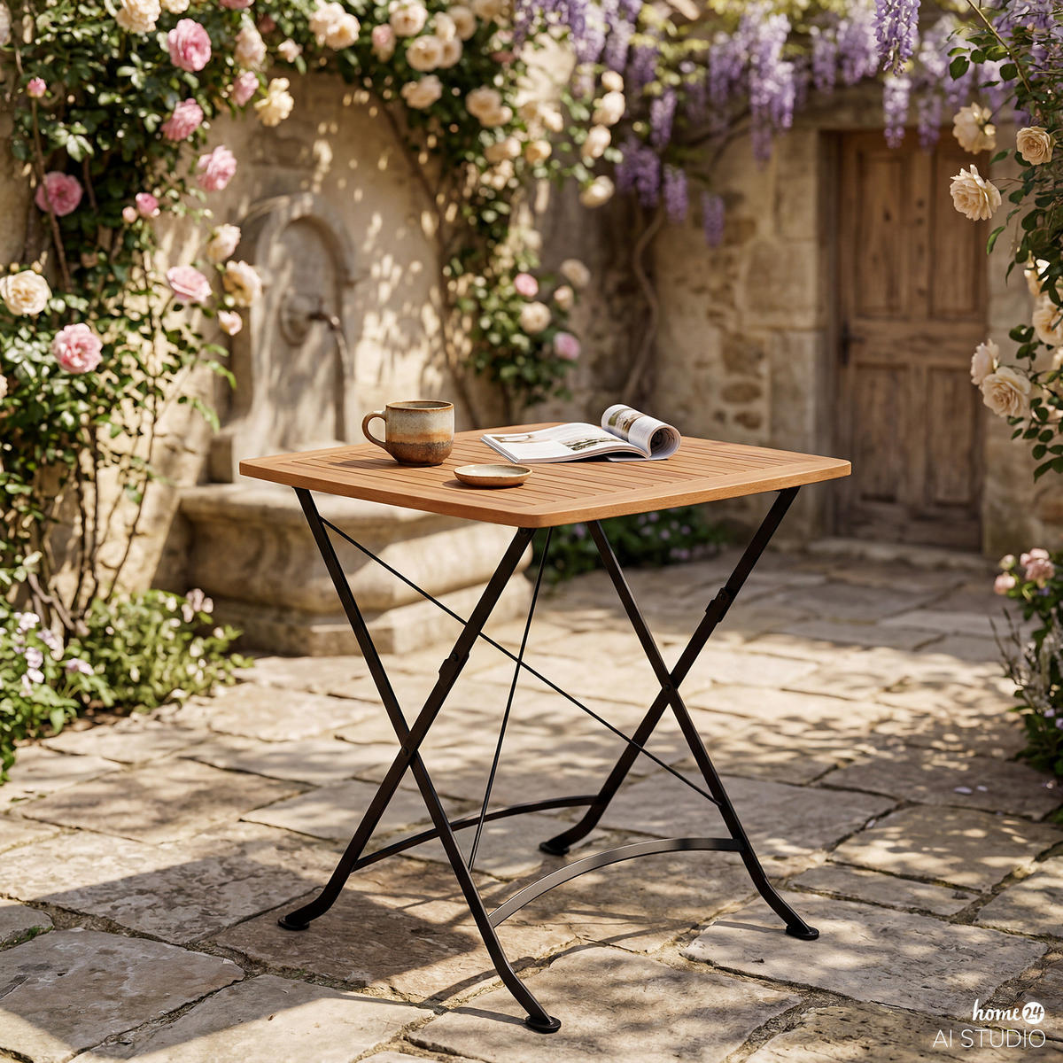 GARTENTISCH - Akazie massiv / Stahl - Akazie / Schwarz - Schwarz/Akaziefarben, Holz/Metall (70/70/75cm) - home24