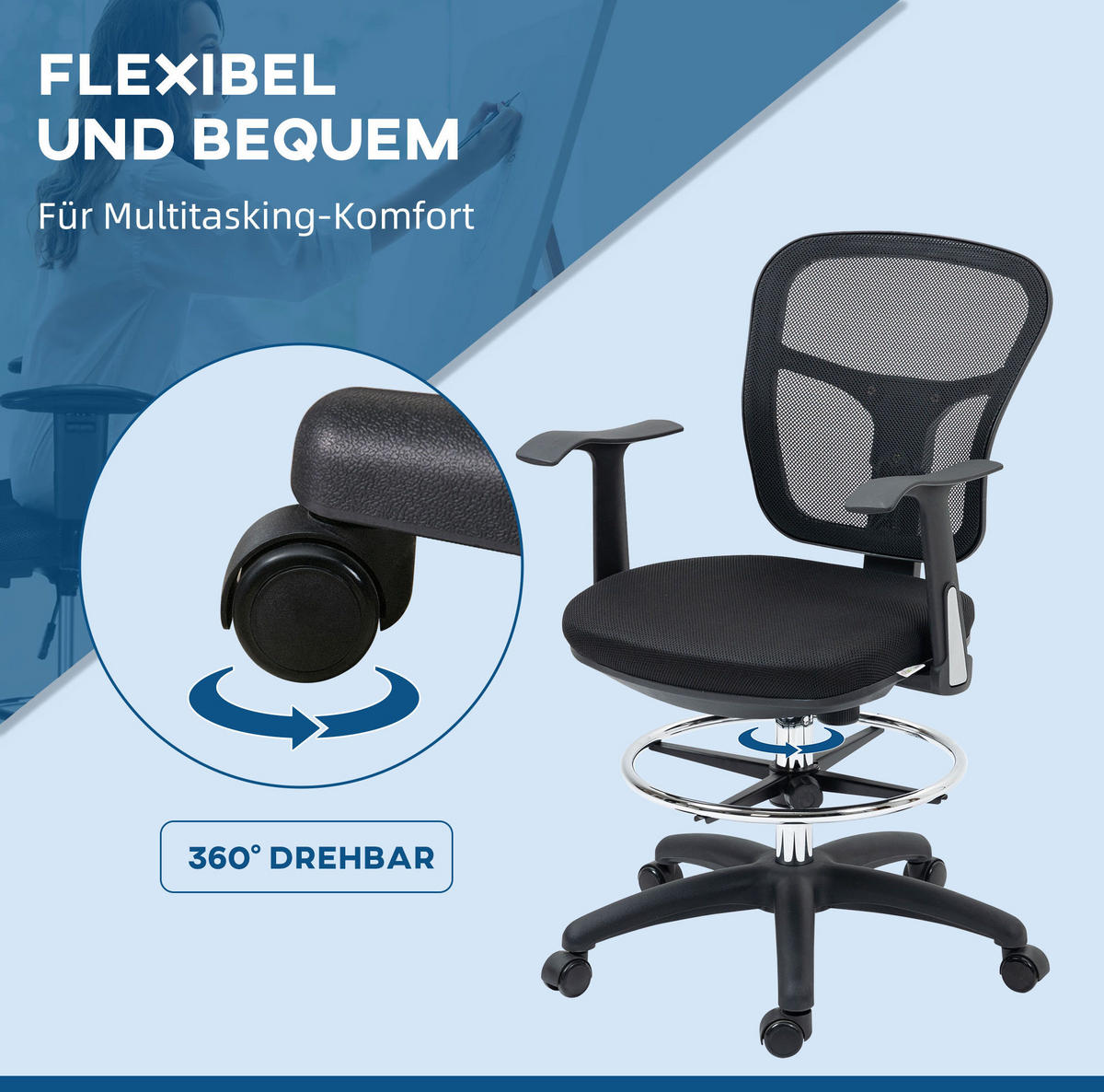 DREHSTUHL 59/95-115/59 cm Schwarz aus Polyester mit höhenverstellbarer Fußstütze - Schwarz, Kunststoff (59/115/59cm) - OKMYHOME