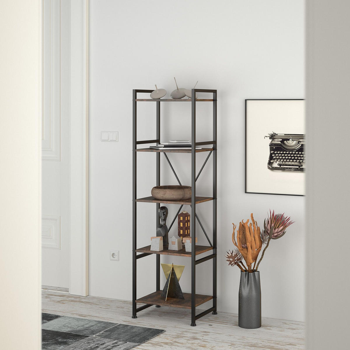 REGAL Manchester,inklusive Kippschutz, 47,5 x 34,5 x 151,5 cm,Industrial Holz dunkel, rustikal - Rostfarben, Holz (34.5/151.5/47.5cm) - tectake